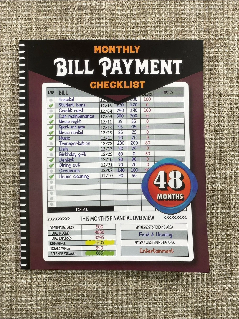 Monthly Bill Payment Checklist Notebook - Burgundy Cover